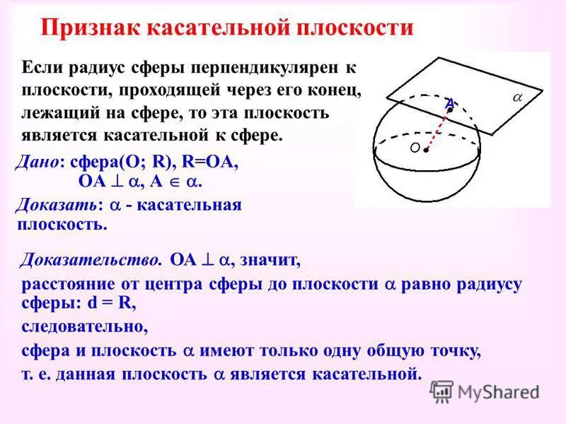 Сколько касательных можно провести через данную точку. Свойство и признак касательной плоскости. Доказательство теоремы о касательной плоскости к сфере. Касательная плоскость. Касательная плоскость шара.