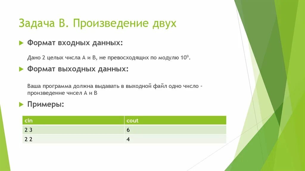 Задачи на сумму произведений. Произведение чисел по модулю. Формат выходных данных. Задачи. Суммы по модулю. Не превосходит по модулю.