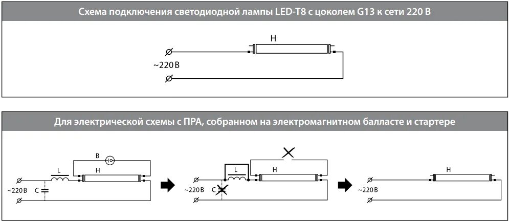 Т 8 компания. Схема включения диодной лампы вместо люминесцентных. Схема включения люминесцентной лампы 8 Вт. Схема подключения диодных ламп дневного света. Светодиодные лампы трубчатые 220 вольт схема подключения.