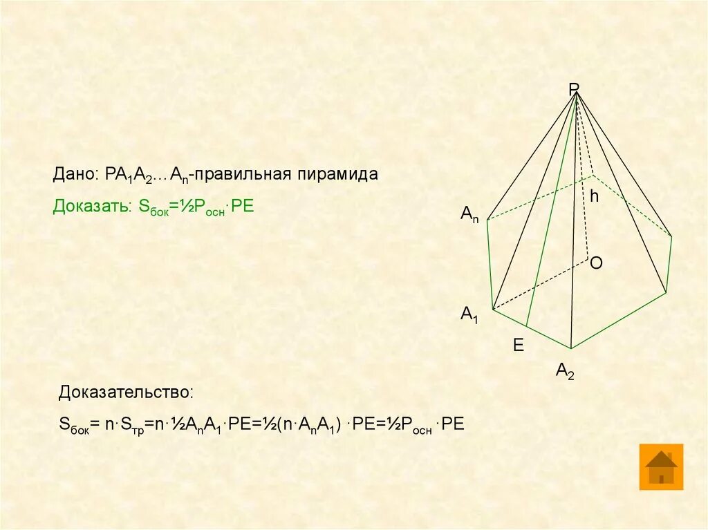 1 правильная пирамида. Sбок пирамиды. Доказательство правильной пирамиды. Площадь боковой поверхности правильной пирамиды доказательство. Sбок правильной пирамиды.