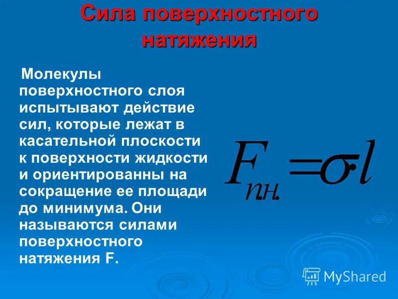 сила поверхностного натяжения вызвана
