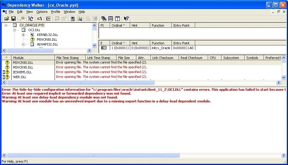 Oracle Call interface установка oracle11. Под CX_Oracle. Failed to load the specified file. Fail load config