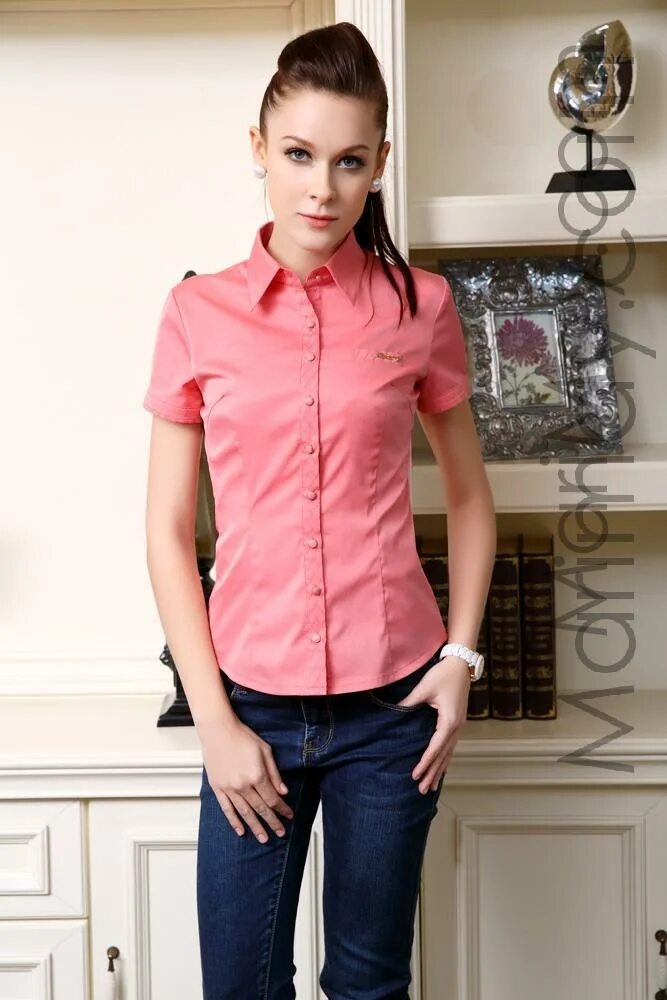 Отзывы приличные. Блузка MARIMAY YQ 905-13105-1. Блузка женская короткая. Первые блузки. Блуза типа рубашкки с коротк м рукпвом персиковая.