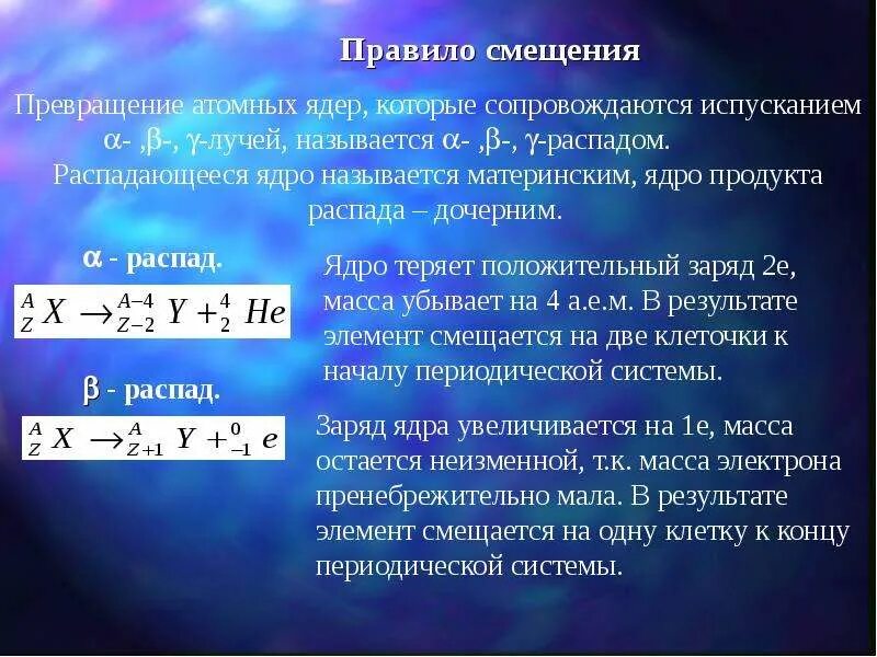 Превращение атомных ядер. Правило смещения ядер. Радиоактивные превращения правило смещения. Радиоактивные превращения атомных ядер.