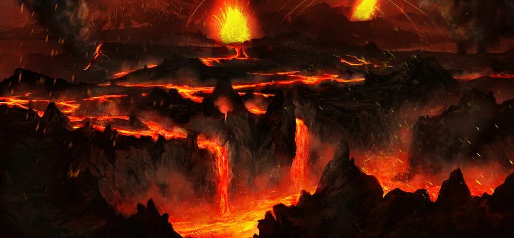 Кипящая в аду. Огненный мир. Пещера с лавой. Огненный пейзаж. Адский пейзаж.