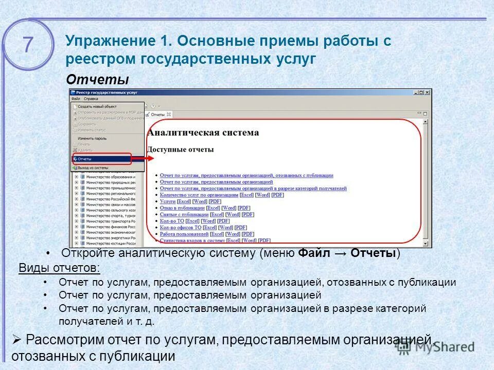 Реестр работ. Виды отчетов. Реестр государственных услуг. Публикуемые формы отчетности.