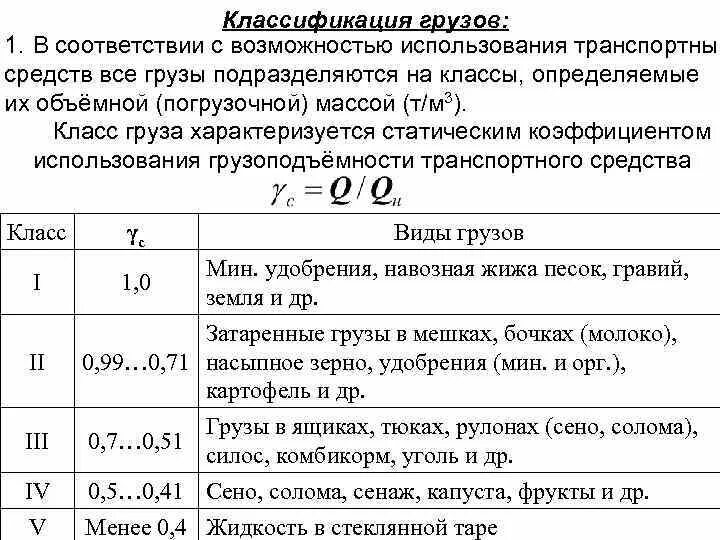 Класс груза по коэффициенту использования грузоподъемности. Как определить класс груза. Класс груза коэффициент использования грузоподъемности. Классы грузов таблица.