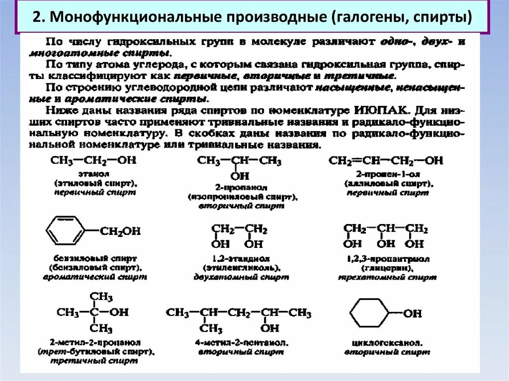 Монофункциональные соединения. Классификация производных углеводородов. Алифатические органические соединения. Монофункциональные органические соединения.