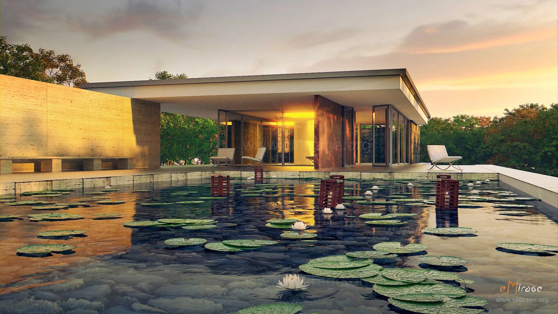 Blender scenes. Benchmark - blender - barcelona pavilion. фотореалистичный рендер в blender. фон для визуализации экстерьера. 3д визуализация экстерьера.