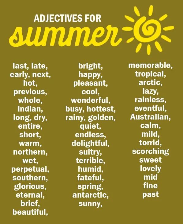 Holiday adjectives. Summer adjectives. Adjectives to describe Holidays. Adjectives to describe Summer.