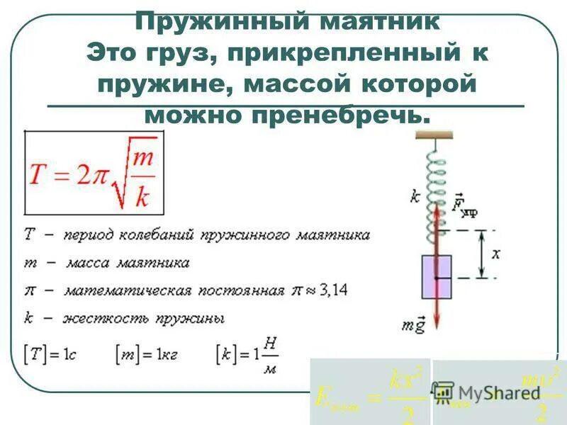 Тело массой совершает колебания по закону. Формула периода гармонических колебаний пружинного маятника. Период пружинного маятника формула. Период колебаний пружинного маятника формула. Формула для расчета периода колебаний пружинного маятника.