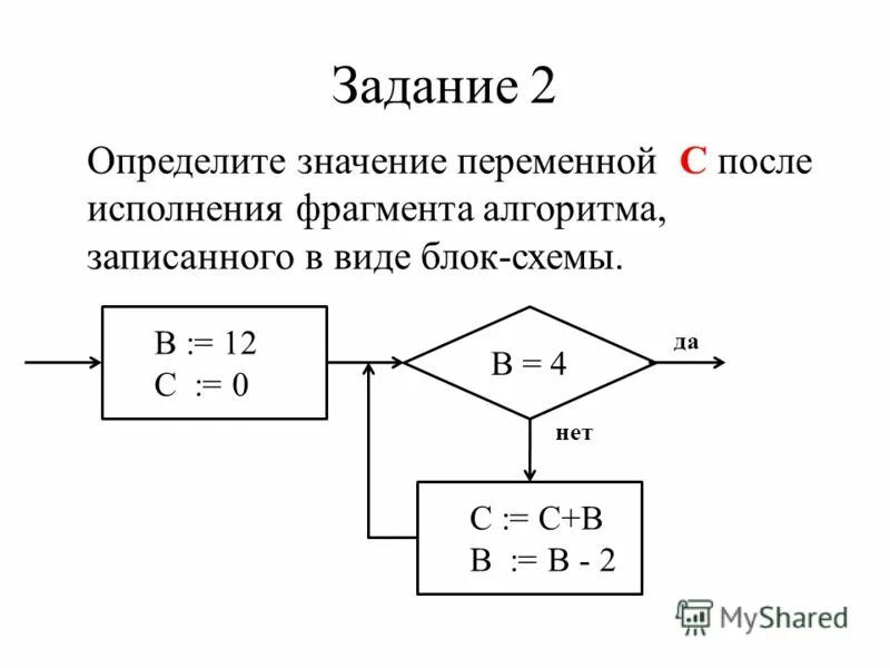 Определи значение переменных для следующего фрагмента алгоритма