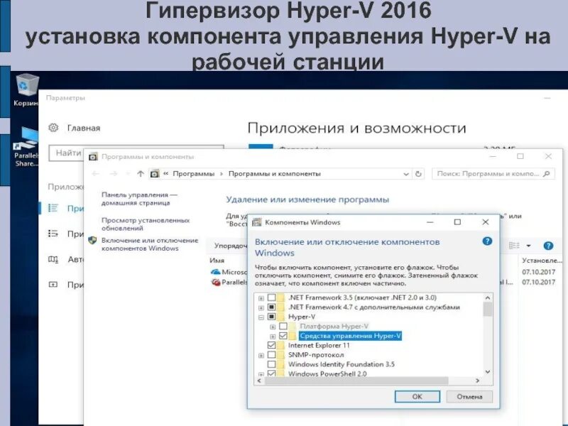 Управление 5 составляющих. Гипервизор Hyper-v. Платформа гипервизора Windows. Панель управления Хоста Hyper-v. Компонента установки.