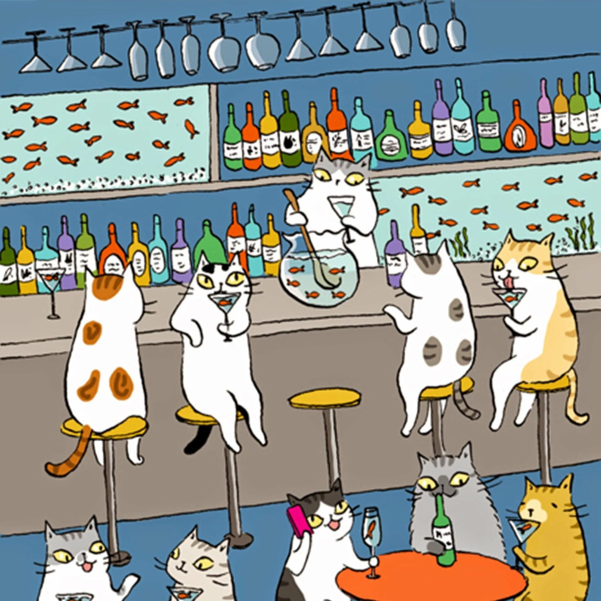 День кошек прикол. Много котиков. Картины с котами прикольные. Несколько котов. Кошка в баре.
