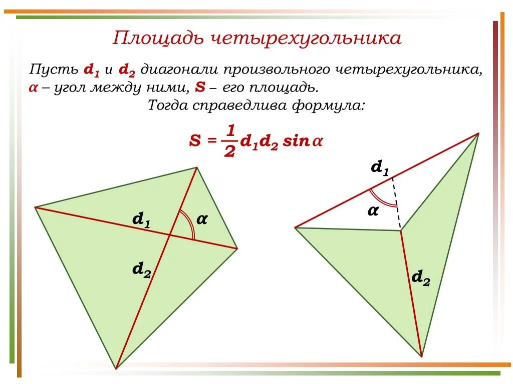 Площадь четырехугольника равна произведению его диагоналей. Формула площади произвольного четырехугольника через диагонали. Площадь четырехугольника через диагонали. Нахождение площади четырехугольника через диагонали. Площадь 4 угольника формула.