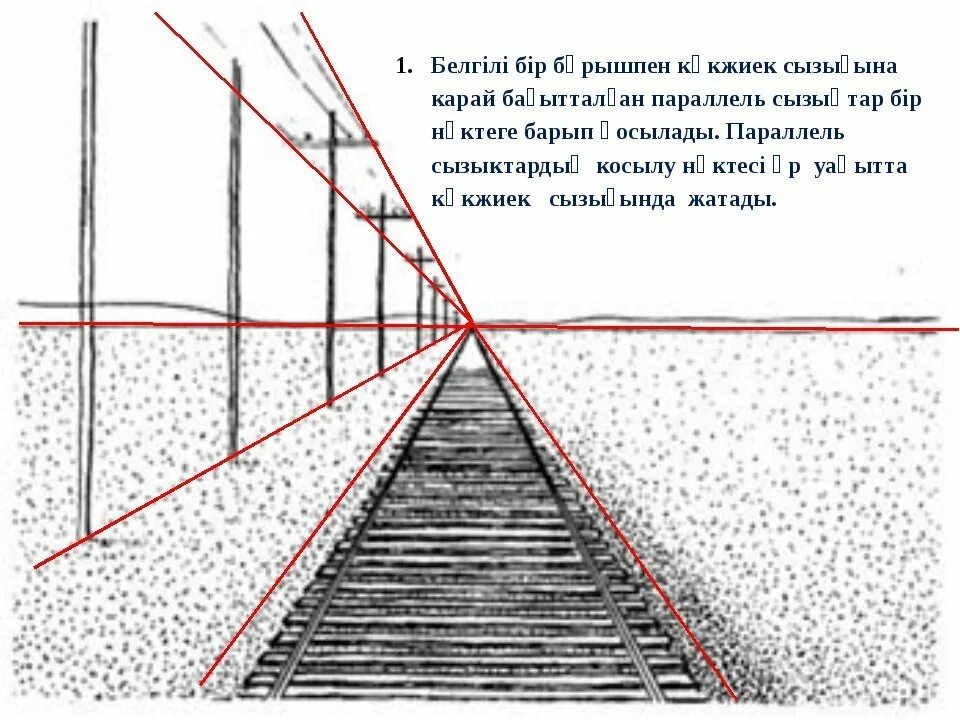 Красная линия железной дороги. Линейная перспектива с одной точкой схода. Линейная перспектива с 1 точкой схода. Перспектива рисунок. Рисунок железной дороги в перспективе.