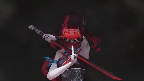 обои : Onigirl, sword out of fanny, Катана, demon eyes, Самурай, ninja girl, Кра