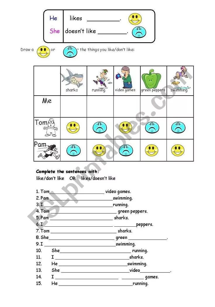 Isn t playing doesn t play. Задания на like don't like. I like задания. Like don't like Worksheets for Kids 2 класс. Like don't like Worksheet.