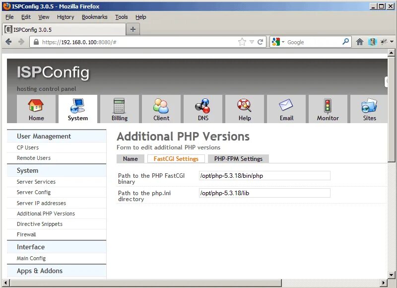 ISPCONFIG. Версии php. Php Интерфейс. Fastcgi Server примеры. Etc init