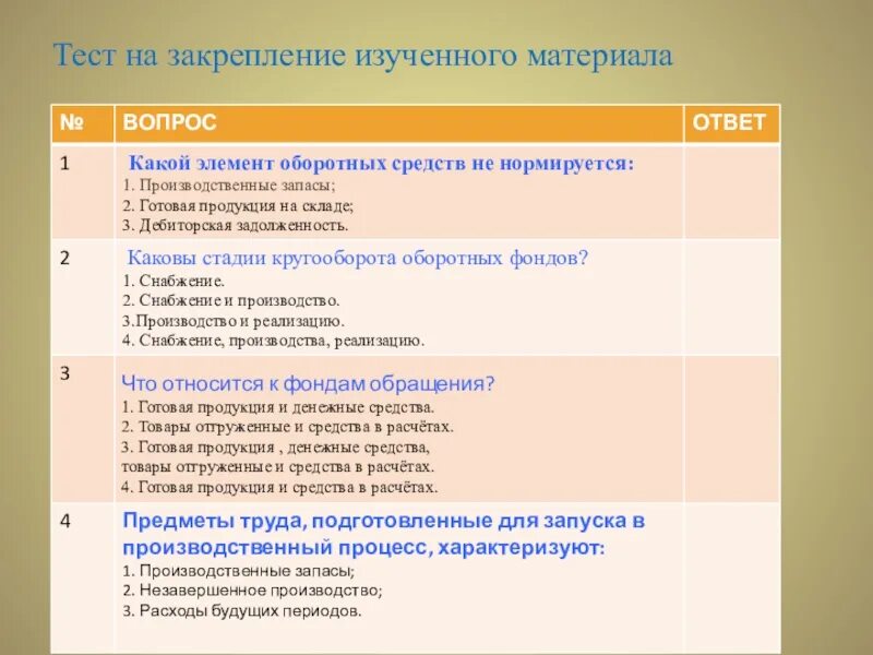 Производственные запасы средства в производстве. Оборотные средства тест. К оборотным средствам предприятия относятся тест. Тест по основные и оборотные средства организации. Основные средства предприятия это тест.