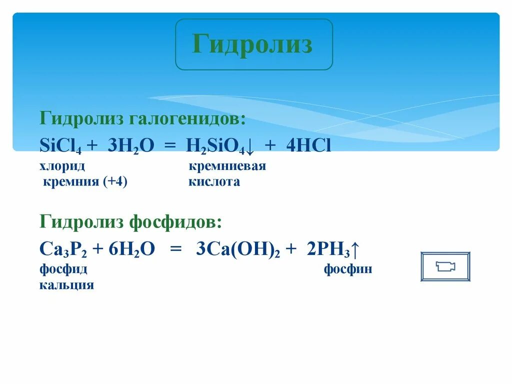 Фосфид натрия и вода. Гидролиз галогенидов. Гидролиз хлорида кремния. Гидролиз карбида кальция. Гидролиз фосфидов.