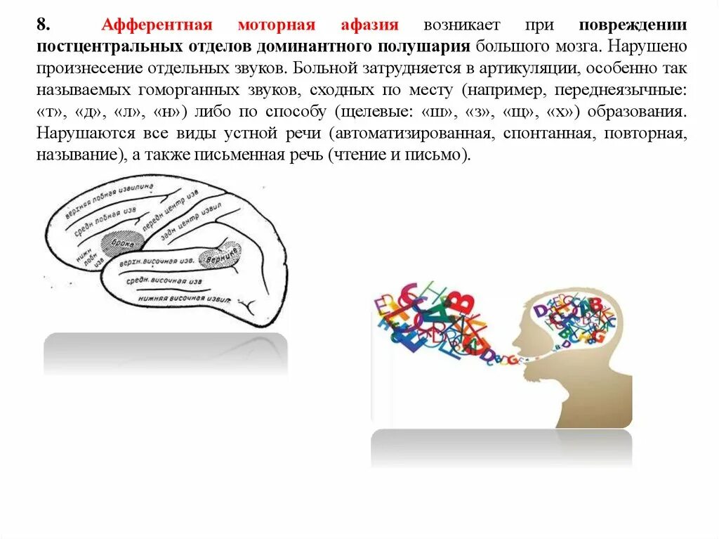 Афферентная сенсорная. Локализация поражения при эфферентной моторной афазии. Эфферентная моторная афазия локализация. Зоны поражения мозга при афазии. Локализация поражения при эфферентной моторной афазии.