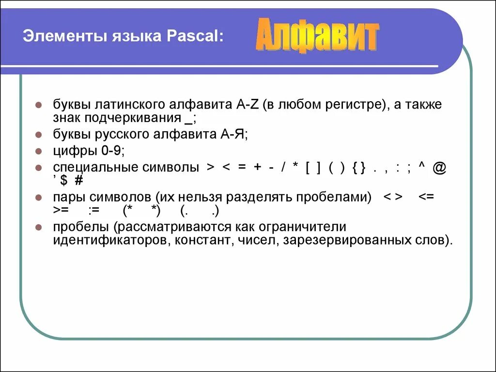 Алфавит pascal. Элементы программы Pascal. Элементы программы на языке Паскаль. Перечислите основные элементы языка программирования Паскаль. Основные элементы языка Pascal..