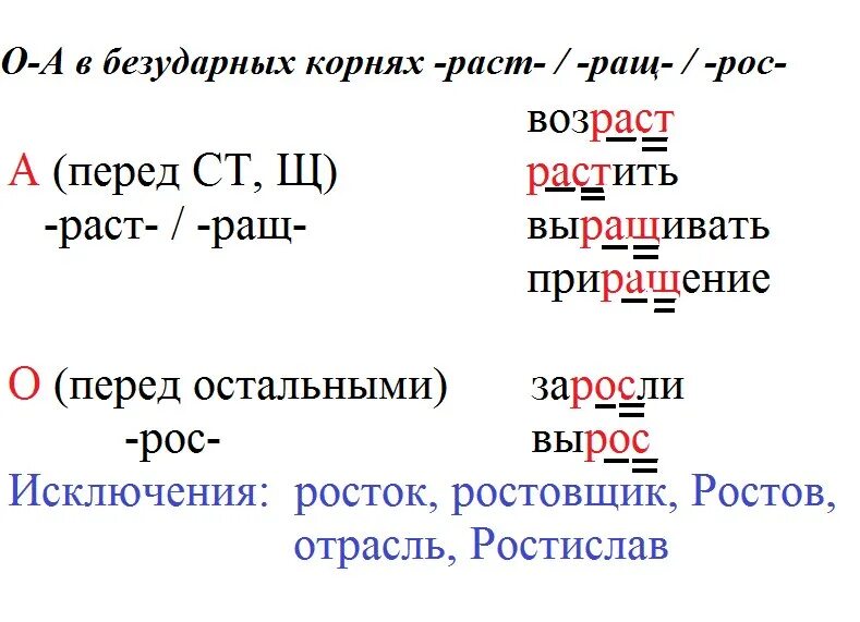 Предложение с корнем рос. Корни с чередованием раст ращ рос правило. Правило корня с чередованием рос раст. Корни с чередованием раст ращ рос правило и исключения. Чередующиеся гласные раст рост ращ.