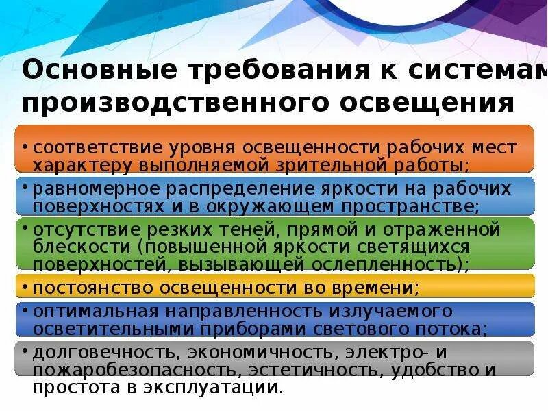 И требуемым условиям использования. Основные требования к производственному освещению. Общие требования к освещенности производственных помещений. Освещенность рабочего места охрана труда. Требования к условиям труда освещение.