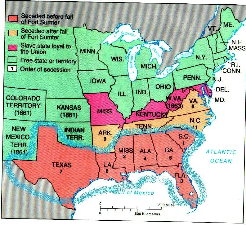 States formed. Kansas 1861. Slavery in USA Map. 12 Апреля 1861 карта США.