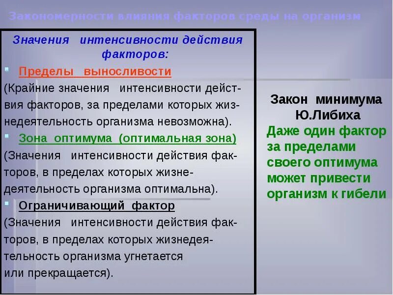 Абиотический фактор в наибольшей степени ограничивающий распространение. Законы действия факторов среды. Законы действия экологических факторов таблица. Общие законы действия факторов среды на организмы. Законы зависимости организмов от факторов среды.