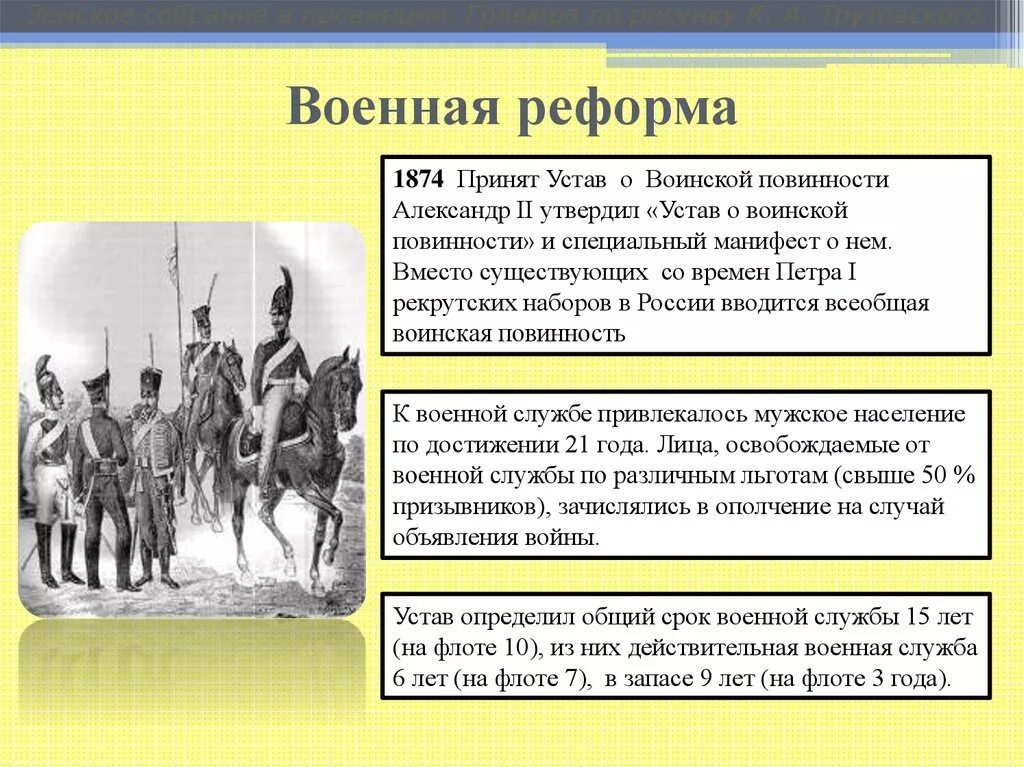 Введение в россии всесословной воинской повинности год. Военная реформа 60-70-х гг. XIX В. Военная реформа 1874.