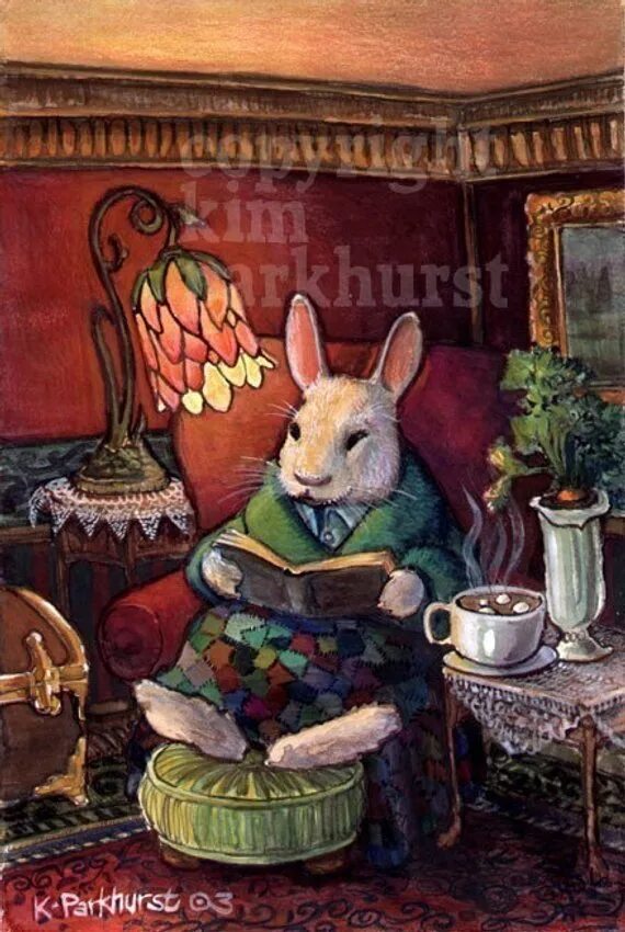 Rabbits sing. Кролик уютный. Kim Parkhurst. Кролик с книгой арт. Открытки с кроликом уютного вечера.