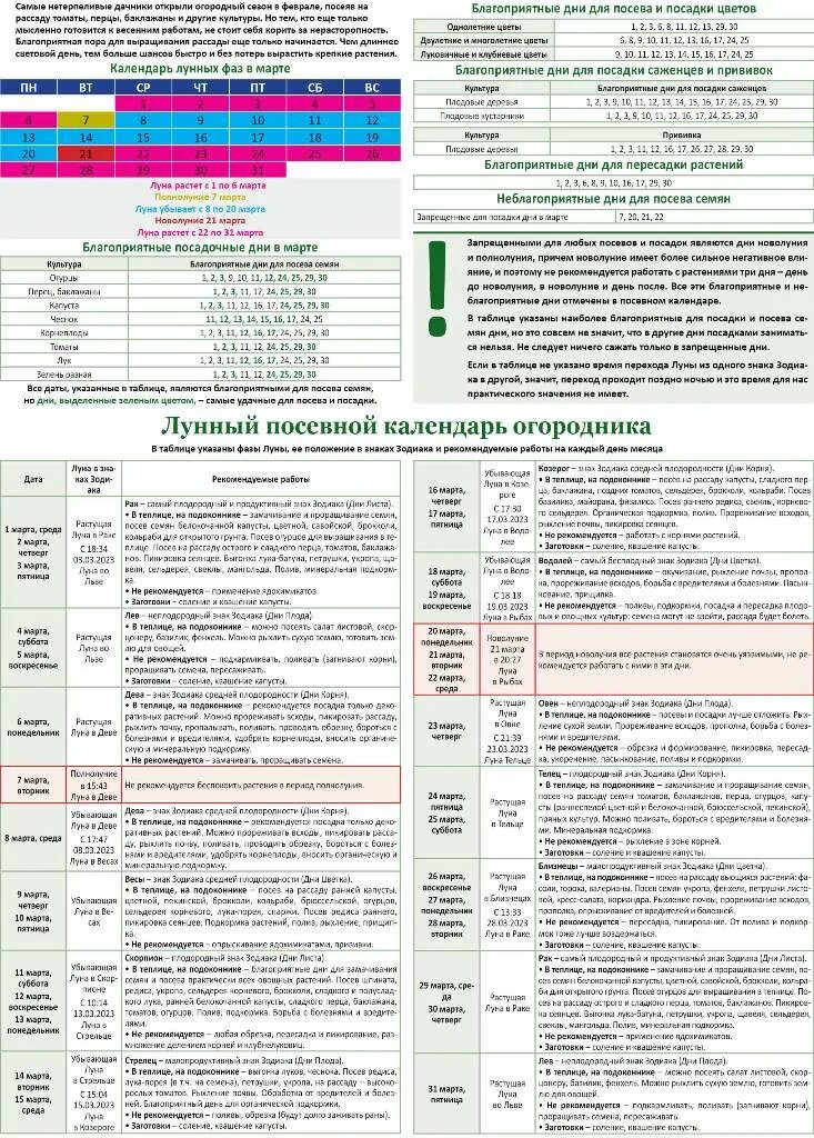 Календарь огородника на март 2023