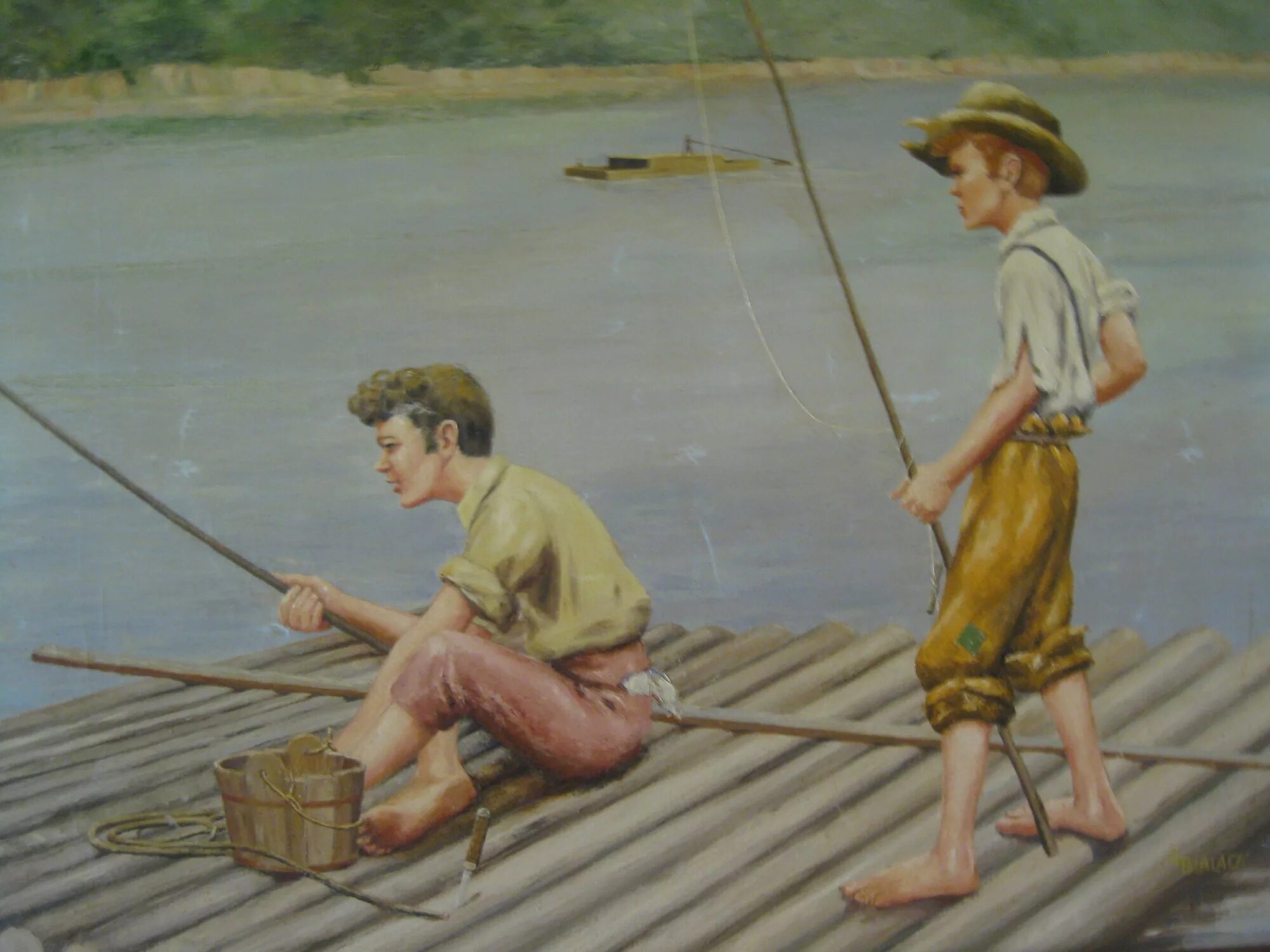 Братья ловят рыбу. Том Сойер и Гекльберри Финн на плоту. Том Сойер Миссисипи. Плот Гекльберри Финна. Том Сойер на плоту.