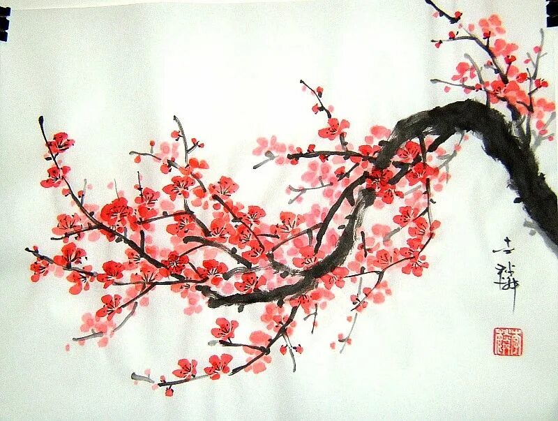 Japanese blossom. Китайская живопись слива мэйхуа. Японские мотивы в живописи. Картины в японском стиле. Китайская живопись Сакура.