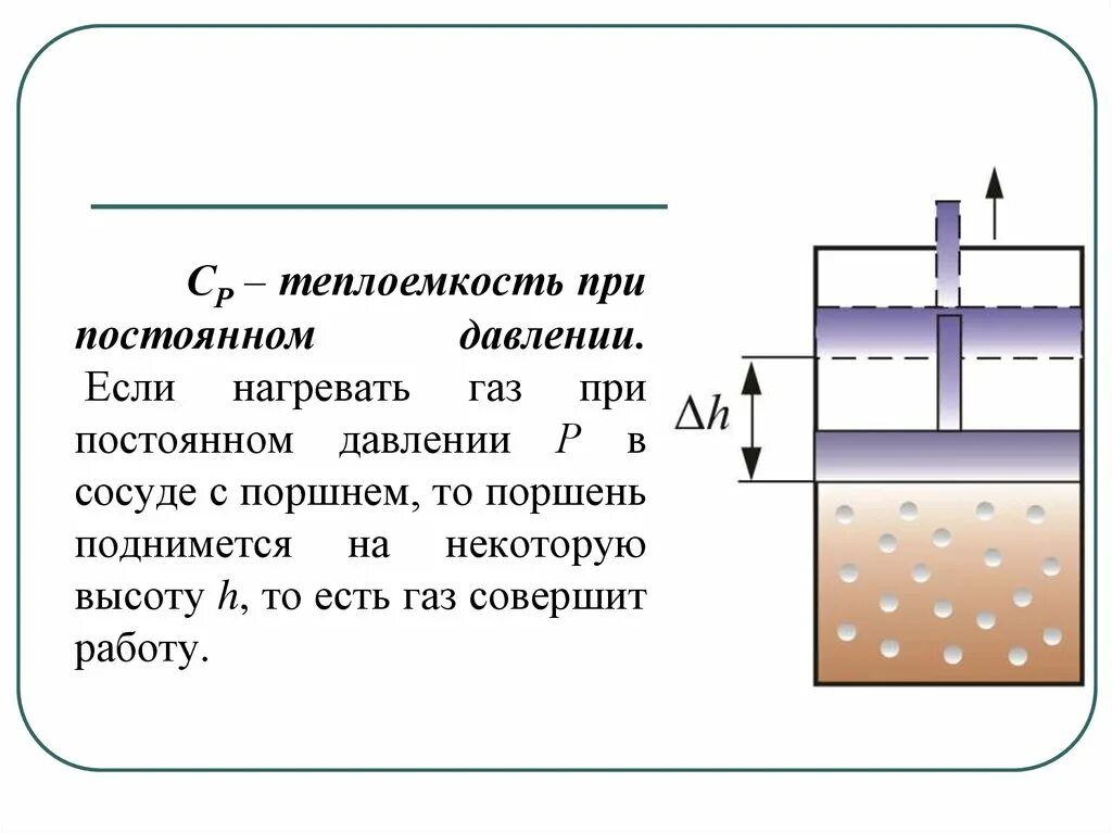 Теплоемкость при постоянном давлении. Давление в сосуде с поршнем. Теплоемкость газа при постоянном давлении. Сосуд с поршнем.