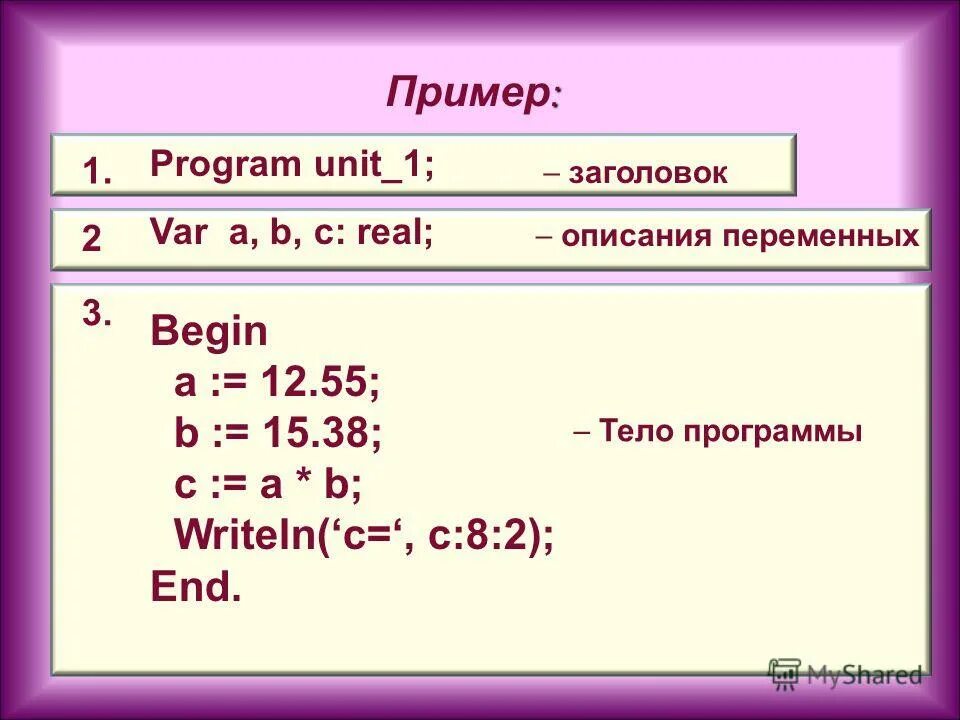 Введение паскаль program; var a, b, c:real;. Var. Writeln(a,'#',b). Procedure s (x1, y1, x2, y2: real var n: real) верно или нет. Readln (a, b, c);.