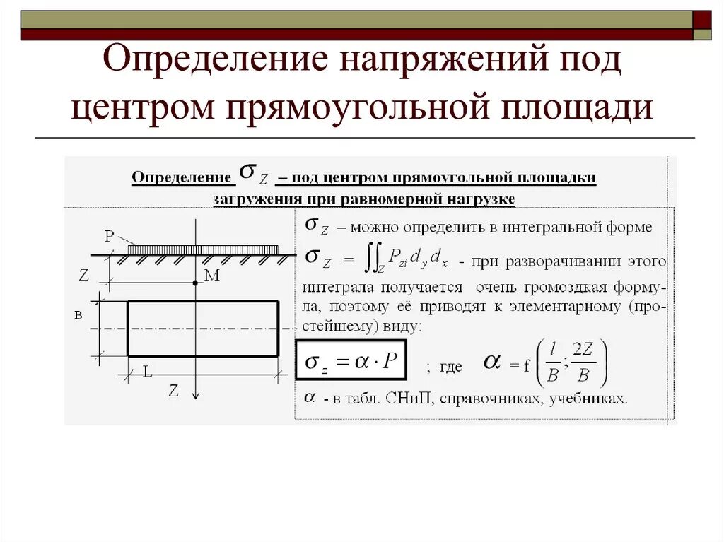 Напряжение в грунте под центром прямоугольной площади загрузки:. Напряжение в грунте под центром загруженного прямоугольника формула. Вертикальное сжимающее напряжение в грунте формула. Напряжение определение.