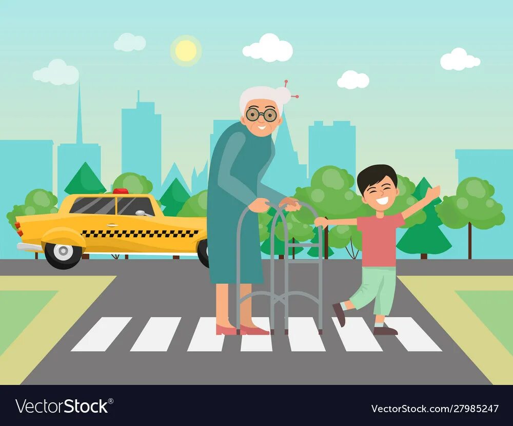 Переводит через дорогу. Переводит бабушку через дорогу. Мальчик переводит бабушку через дорогу. Старушку переводят через дорогу рисунок.