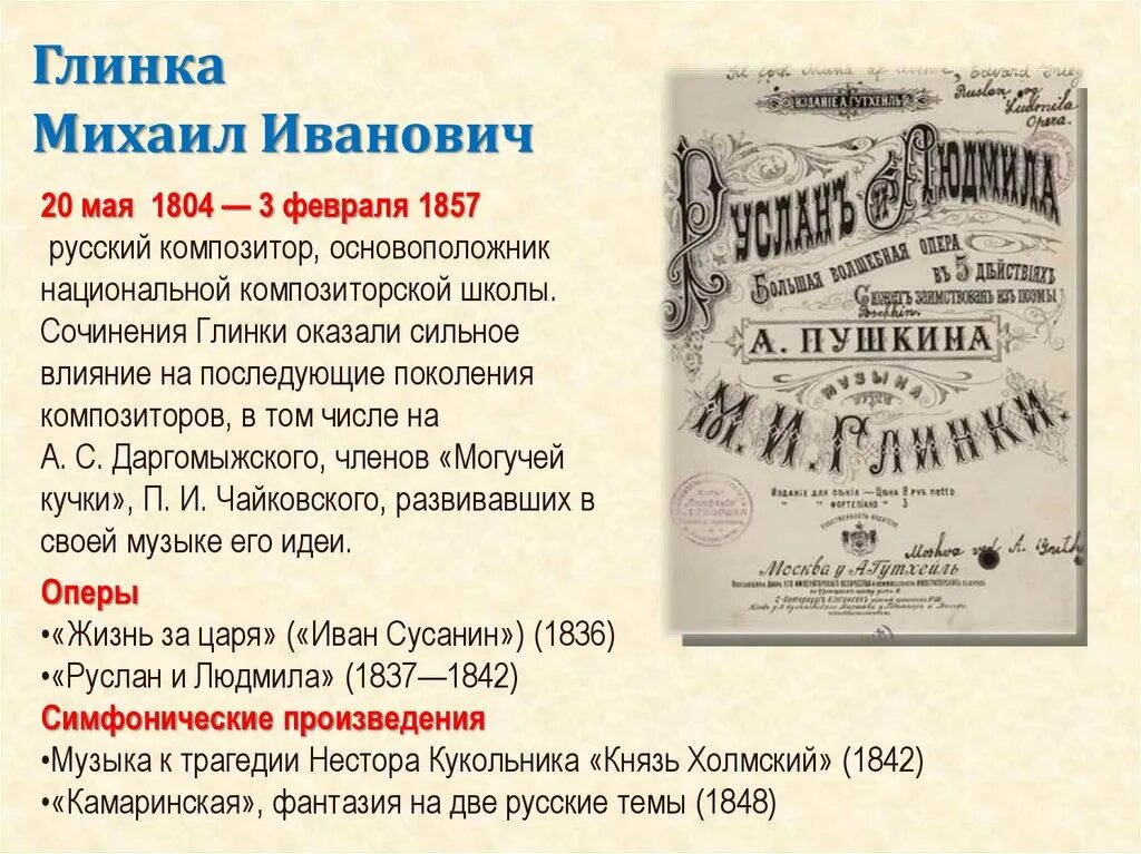 Жанры оперы глинки. Произведения м и Глинки список. Название произведений Глинки. Какие произведения написал Глинка.