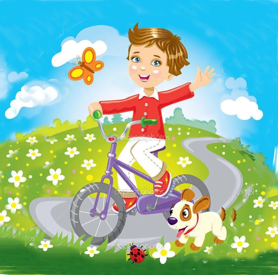 Езди картинки. Мальчик на велосипеде. Мальчик катается на велосипеде. Дети с велосипедом. Лето рисунок для детей.