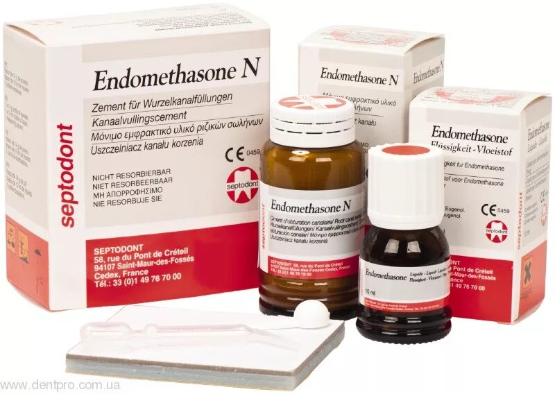 Пломбировочные материалы для корневых каналов. Endomethasone n (фирма Septodont). Эндометазон набор (Endomethasone n) - 14 гр. + 10 мл. Эндометазон жидкость 10 мл Septodont. Эндометазон айвори.