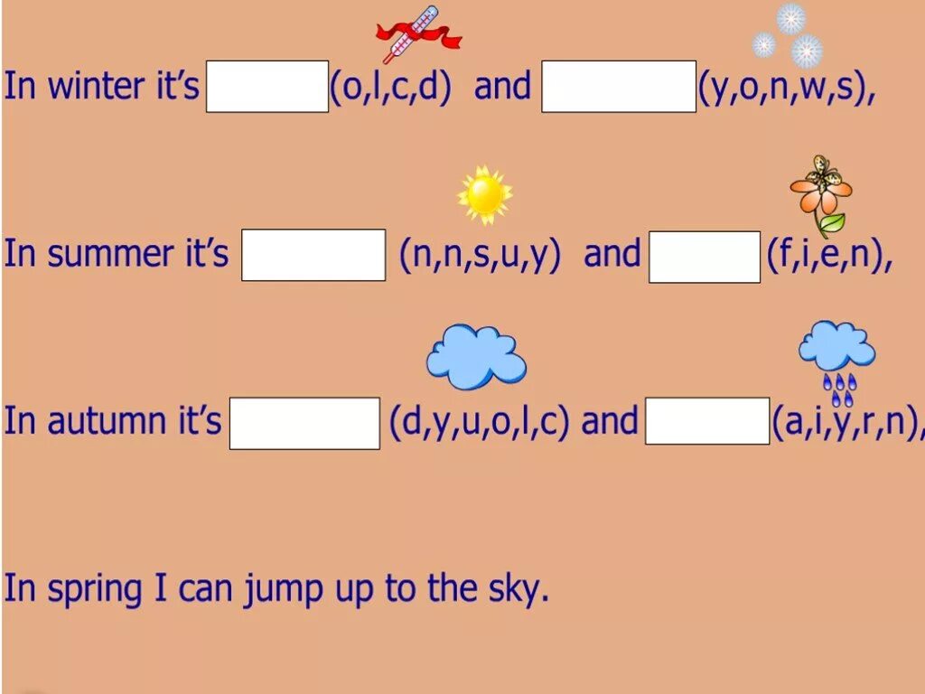 There are four seasons. Упражнения на тему weather. Задания на погоду по английскому. Упражнения на тему weather 2 класс. Задания по английскому на тему погода.