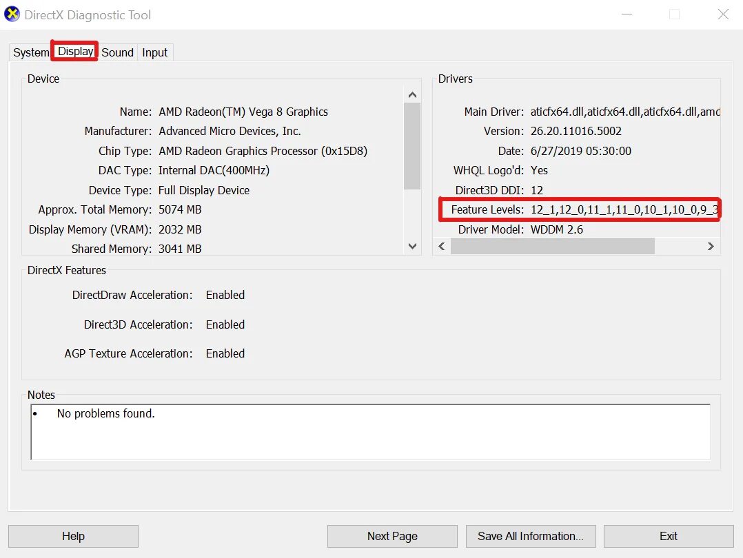 DIRECTX: версии 12. AMD Radeon Graphics Processor 0x15d8. DIRECTX feature Levels. Драйвер DIRECTX.