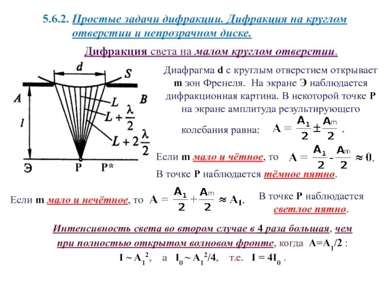 При каких условиях возможно усиление результирующих колебаний. Дифракция Френеля на круглом отверстии и на непрозрачном диске.. Дифракция на круглом отверстии и круглом диске.. Дифракция Френеля на круглом отверстии. 5. Дифракция Френеля на круглом отверстии.