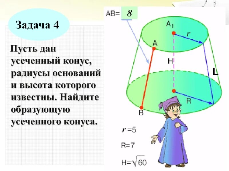 Найдите образующую усеченного конуса если радиусы. Высота образующая усечённый конус. задачи 11 класс по геометрии усеченный конус. задачи усеченного конуса. образующая усеченного конуса.