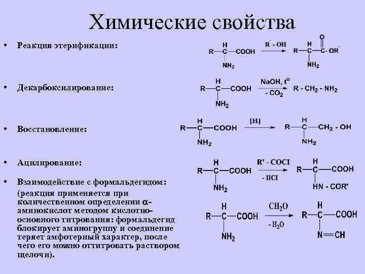 Аминокислоты вступают в реакцию этерификации. Химические реакции аминокислот этерификации. Химические свойства аминокислот реакция этерификации. Аминокислоты химические свойства реакции. Реакция этерификация альдегидов