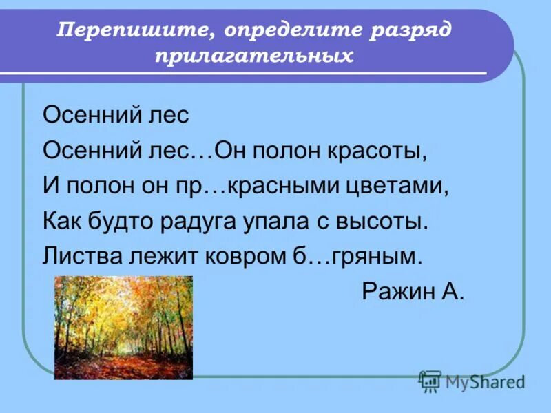 Составить предложение на тему лес. Прилагательные на тему осень. прилагательные про осенний лес. осень с прилагательными. разряды прилагательных осенний.