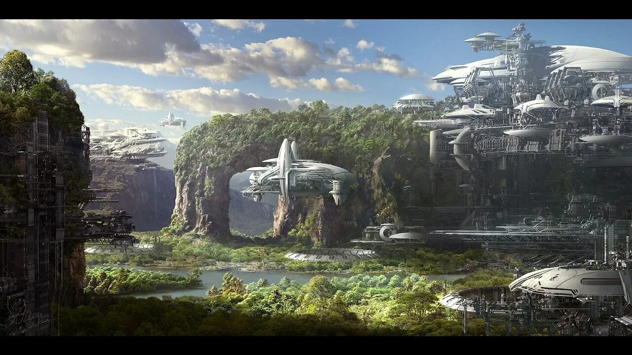 Локации будущего. Sci fi мегасооружения. футуристичная природа. города будущего фантастика в горах. футуристический лес.